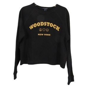 Top Cropped Sweatshirt Graphic Woodstock NY Print Black & Yellow Women's Size XS